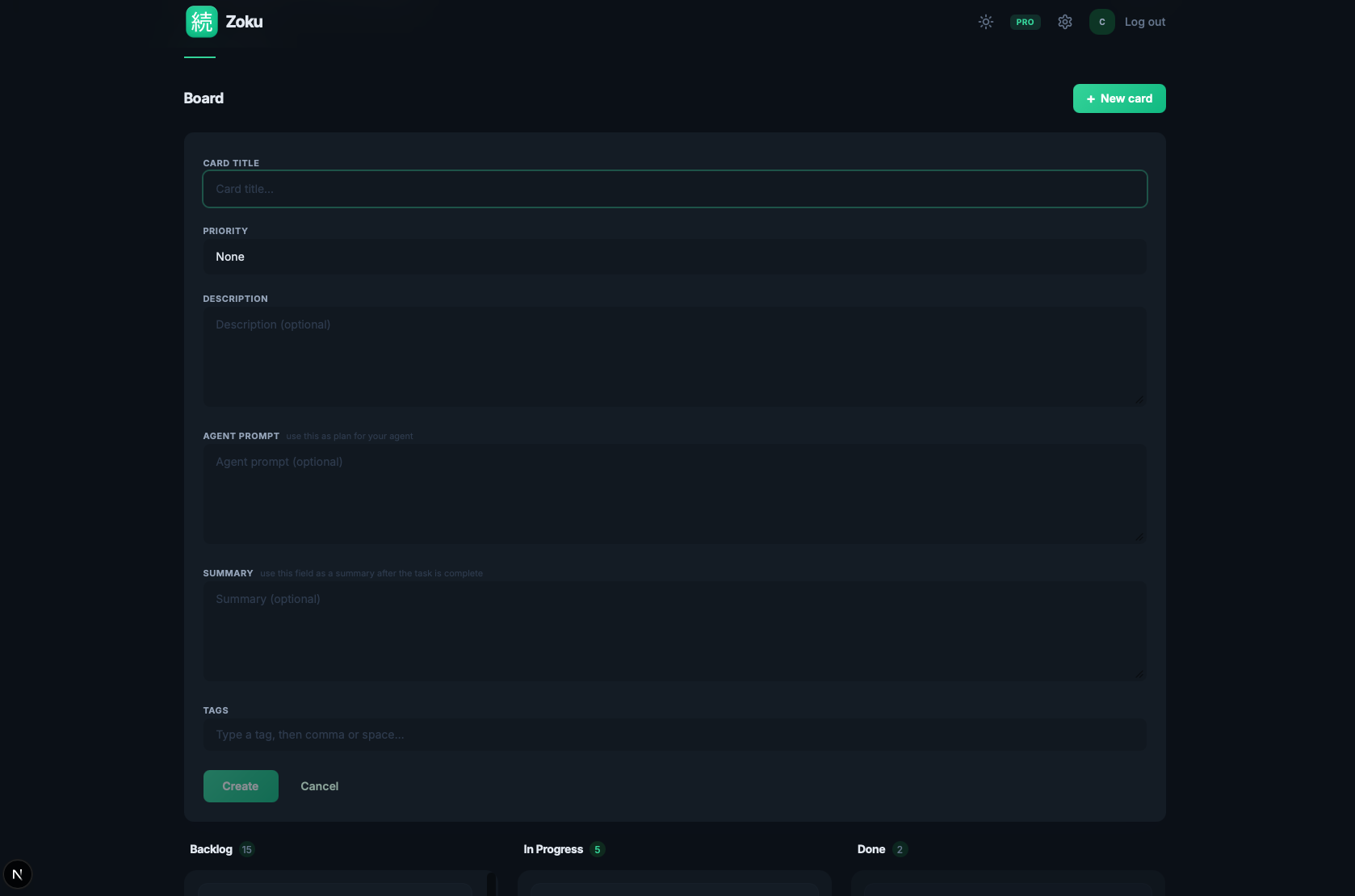 Creating a new card with an agent prompt